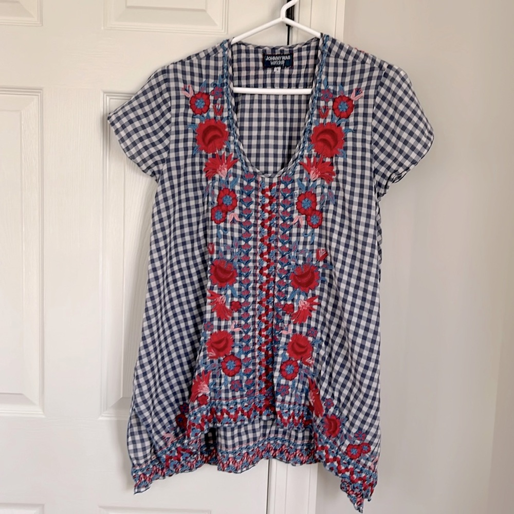 Johnny Was Navy Gingham Check Tunic with Red Embroidered Floral Design